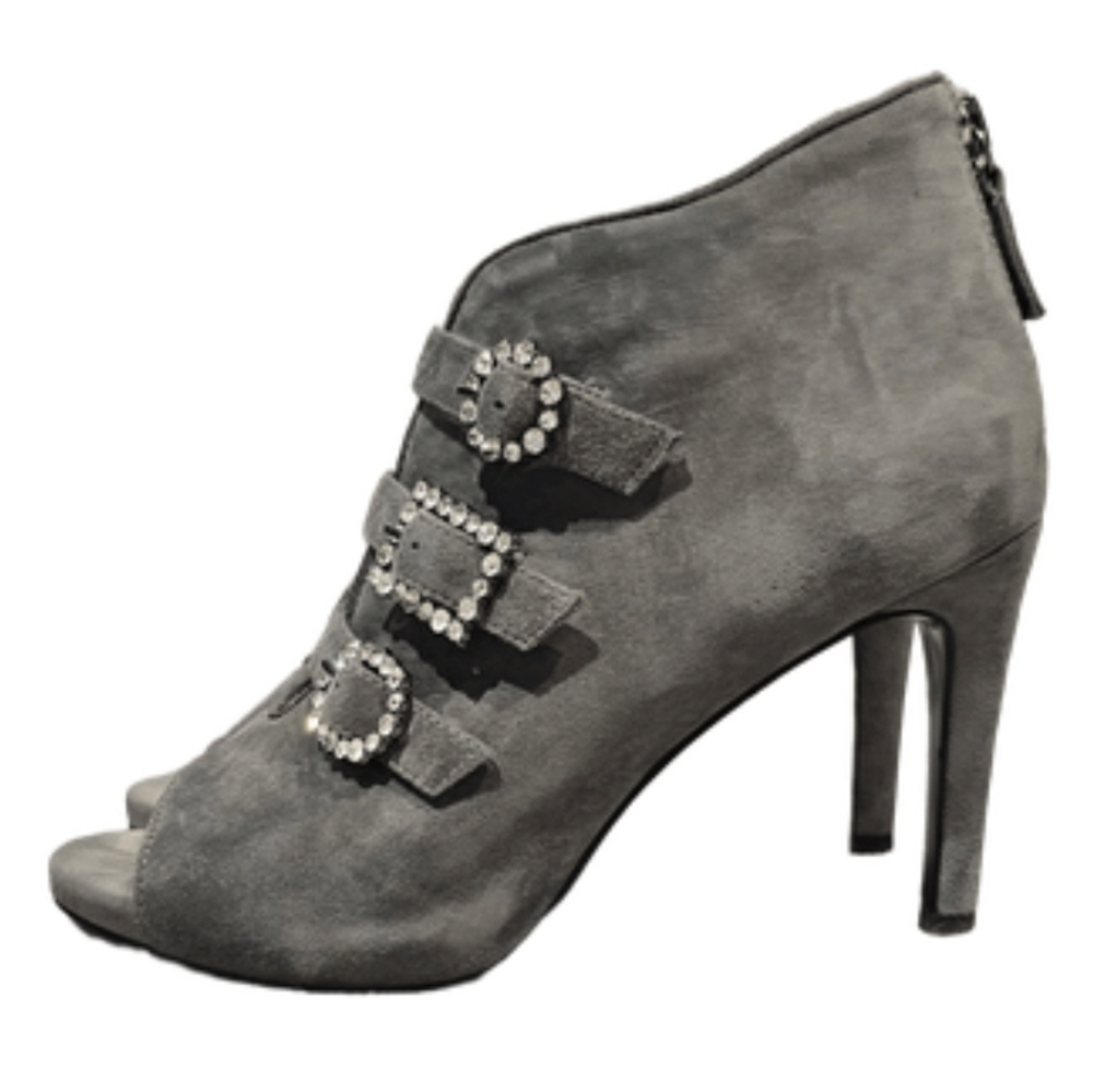 White House Black Market Gray Suede Rhinestone Heels